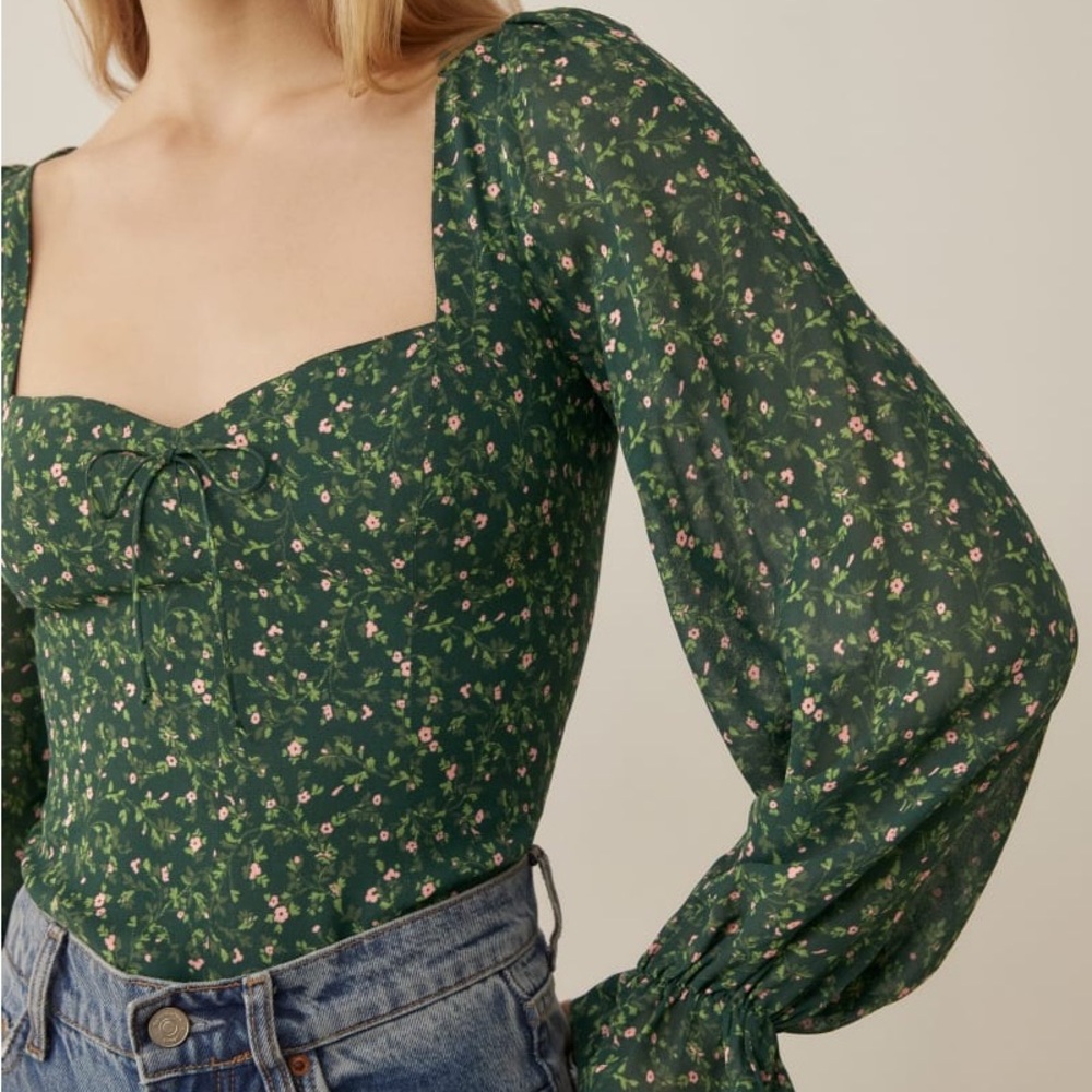 NEW Reformation Dark Green Floral Blouse